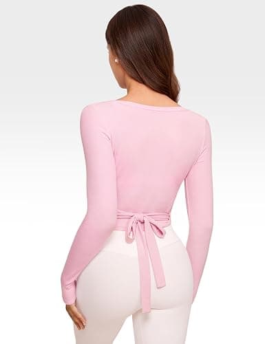 INGIA Womens V-Neck Long Sleeve Cross Wrap Top Slim Fit Soft Knit Layering Shirt Casual Yoga Gym Bandage Tie Tops thumbnail 2