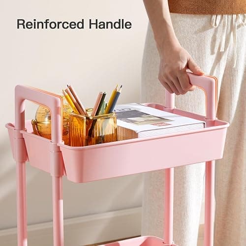 Pipishell 3 Tier Rolling Cart Organizer, Plastic Rolling Cart with Lockable Wheels & Reinforced Handle, Lightweight Utility Storage Cart for Nursery, Kitchen, Craft Room, Pink thumbnail 6