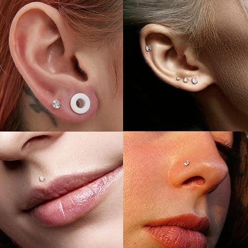 Xpircn 14K Gold Plated Flat Back Stud Earrings 316L Surgical Steel Internally Threaded CZ Stud Piercing Jewelry for Tragus Helix Cartilage Conch Nose Hypoallergenic Lip Labret Medusa Piercing 16G 18G thumbnail 5