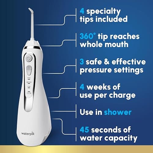 Waterpik Cordless Advanced 2.0 Water Flosser For Teeth, Gums, Braces, Dental Care With Travel Bag and 4 Tips, ADA Accepted, Rechargeable, Portable, and Waterproof, White WP-580, Packaging May Vary thumbnail 2
