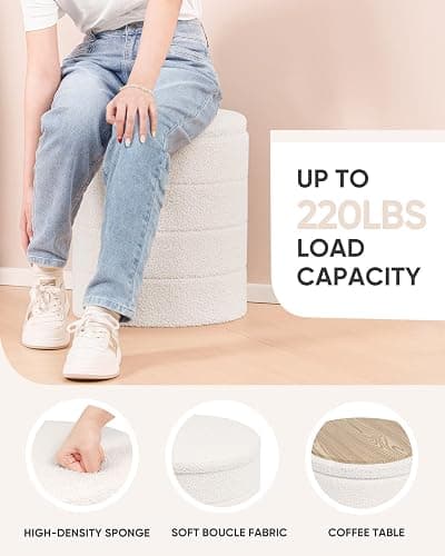B FSOBEIIALEO Ottoman with Stroage, Round Sherpa Storage Ottoman Stool, Boucle Foot Rest 14.6"x14.6"x17.7"（White thumbnail 5