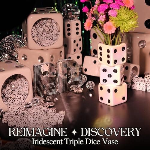 Reimagine Discovery Iridescent Triple Dice Vase, Maximalist Home Decor Ceramic Flower Vase, Iridescent Desk Accessories for Office, Bar Cart Or Vanity, Unique & Trendy Holographic Decor thumbnail 3