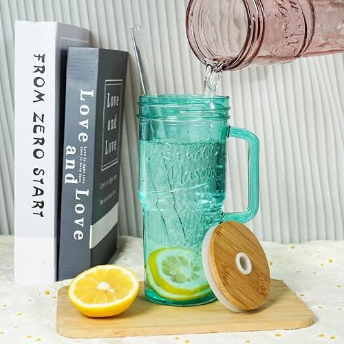 ANOTION Colored Glass Cups with Handle Set of 4, 24oz Glass Cups with Lids and Straws Travel Coffee Mug Bamboo Mason Jar Iced Cup Smoothie Tea Clear Cute Water Drinking Jars Glasses thumbnail 7