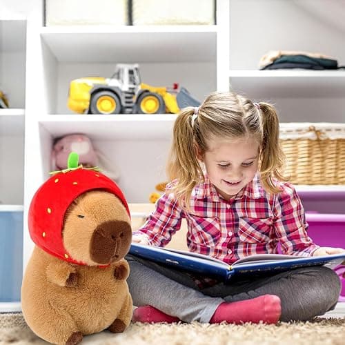 Ditucu Cute Capybara Plush Wear Strawberry Hat Soft Capibara Stuffed Animal Plushies Toys Hugging Gifts for Kids Brown 9 inch thumbnail 8