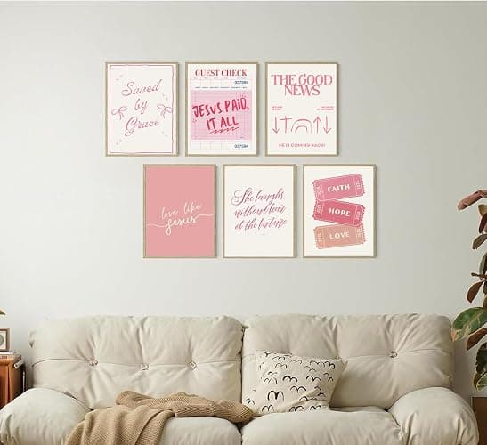 6pcs Pink Christian Bible Wall Art Religious Preppy Painting Picture Wall Decor Pink Christian Encouragement Poster Print Artwork for Bedroom Living Room Office Dorm Room Decoration Unframed thumbnail 4