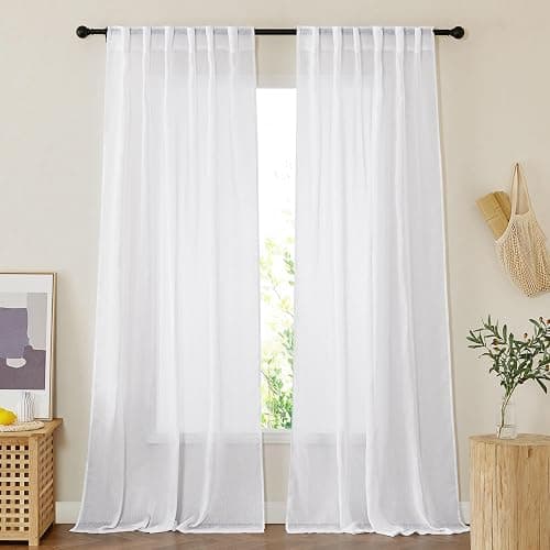 NICETOWN White Linen Sheer 120 inch Curtains for Living Room, Rod Pocket & Back Tab Semi Sheer Window Treatment Privacy with Light Filtering for Farmhouse/Bedroom, W52 x L120, 2 Panels thumbnail 3