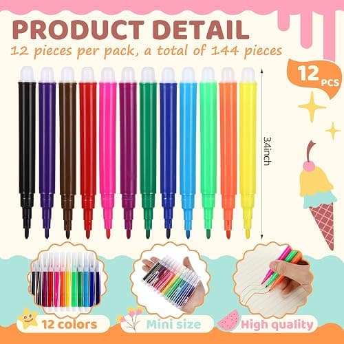 Watersay 144 Pcs Mini Markers Bulk, 3.4 Inch Colored Markers,12 Colors | Portable 3.4" Short Pen for Travel Office, Vibrant Watercolor Ink, Ideal for Adult School Art Projects, Multicolor Assorted thumbnail 4