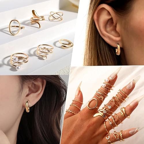 CHICUTIE Gold Jewelry Set For Women,14k Gold Plated Multi Layer Necklaces Bracelets Hoop Earrings Set Stackable Knuckle Rings, Trendy Elegance Charms Non Tarnish Minimalist Textured Boho Jewelry Gift thumbnail 4