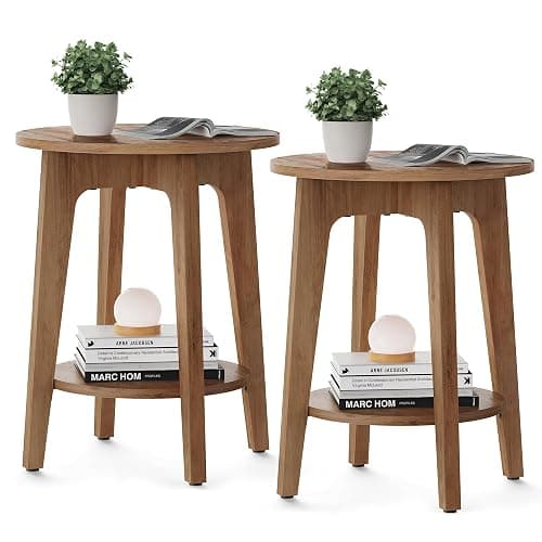 VASAGLE MAEZO Collection - Set of 2 Side Tables, 2-Tier Small Round End Tables, Nightstands with Tapered Legs, Curved Transitions, for Small Spaces, Living Room, Bedroom, Rustic Walnut ULET289K01 - Image 1