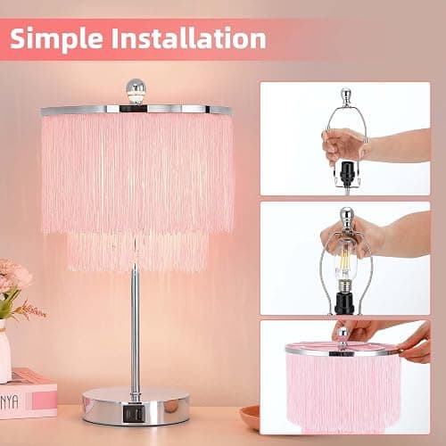 Lovlast Pink Lamp for Girls Room, Fringe Touch Table Lamp for Teens Room | Girly Tassel Lamp with 3-Way Dimmable for Nightstand, Bedside Touch Lamp with USB C+A Ports for Dorm, Dresser, Bulb Included thumbnail 6