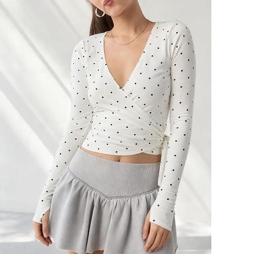 Women Wrap Top Y2K Stretchy Long Sleeve Deep V Neck Cross Tie Workout Ballet Blouse Thumb Hole Pilates Yoga Shirt thumbnail 2