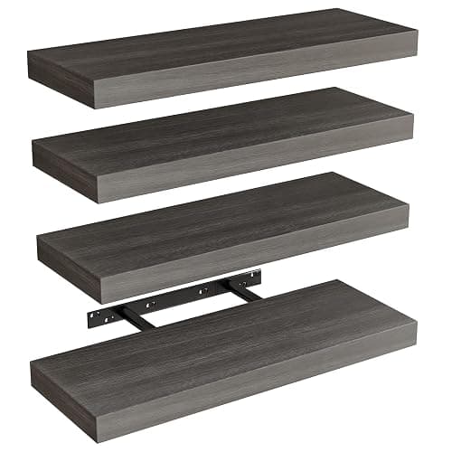 Fixwal 15.8in Floating Shelves, Rustic Wood Finish Wall Shelves Set of 4, Shelves for Wall Decor, with Invisible Brackets for Bathroom, Living Room,Bedroom and Kitchen(Gray) - Image 1