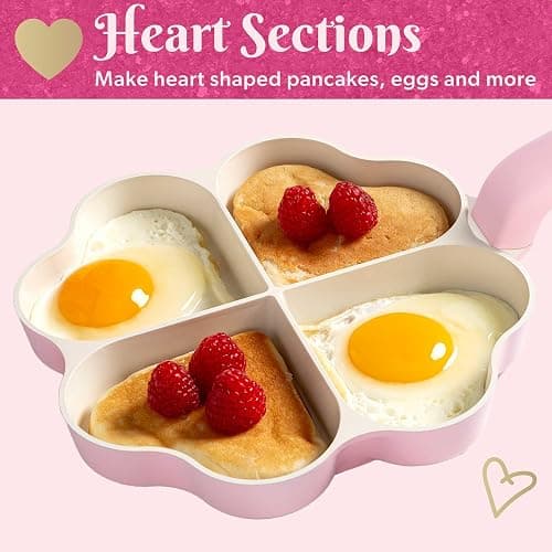Paris Hilton Heart-Shaped Divided Fry Pan, Ceramic Nonstick Frying Pan with Individual Heart Sections, Dishwasher Safe, 8-Inch, Pink thumbnail 7