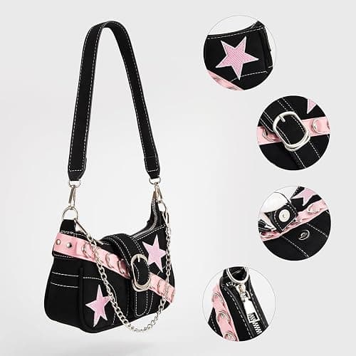 MJFSGYO Cute Y2k Purse for Women, Star Embroidery Pattern with Chain Strap Shoulder Bag, Goth Style Cute Mini Purse thumbnail 8