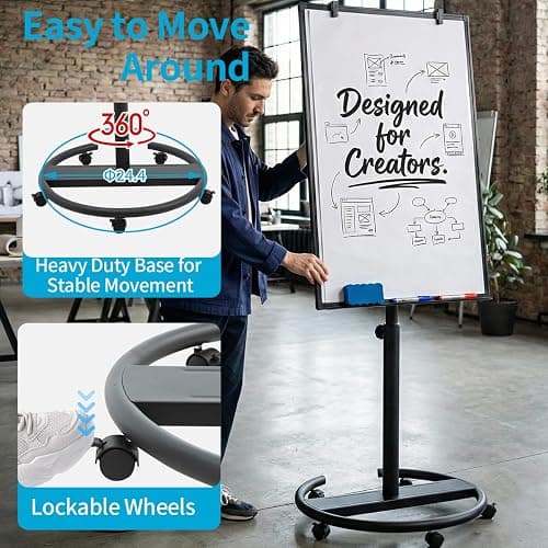 DexBoard Black Mobile Whiteboard on Wheels 36 x 24 Inch-Rolling Magnetic Dry Erase Easel Board with Flipchart Paper Pad-Height Adjustable Standing Board for Meetings, Classes, Training, Workshops thumbnail 6