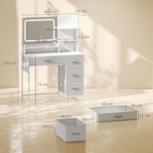 HOMCOM Tocador de Maquillaje con Espejo LED con Estación de Carga Blanco | Tocador, 3 Colores de Luz, 4 Cajones, 5 Estantes Abiertos, Soporte para Secador, Estructura Metálica, para Dormitorio thumbnail 2