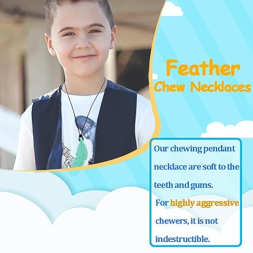 Sensory Chew Necklace for Kids, Boys and Girls, 5 Pack Silicone Feather Chewy Necklaces for Autism, ADHD, Chewing, Oral Motor Chewable Pendant for Mild Chewers - 5 Pack thumbnail 6