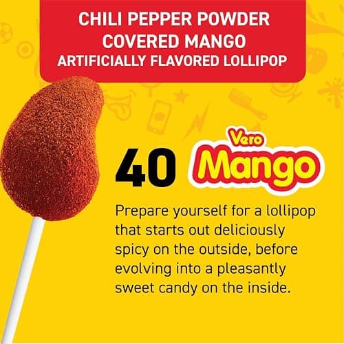 Vero Mango Lollipops with Chili Powder 40 Count Bulk Bag (Net Wt. 22.4 Ounces) Mexican Candy Spicy Mango Flavor Dulces Mexicanos - Bulk Candies, Perfect for Parties, Piñatas & Celebrations thumbnail 5
