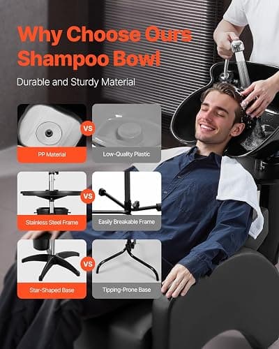 VEVOR Portable Shampoo Bowl, Deep Shampoo Sink with Adjustable Height & Angle, Washing Hair Station Includes Drain Hose, Shower Head and Bucket, Salon Sink for Home & Barber Use, Black thumbnail 4