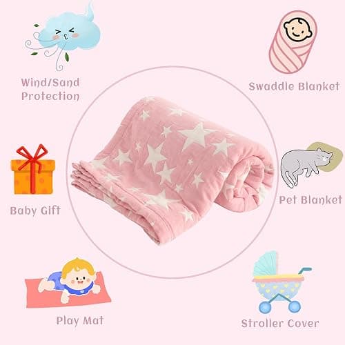 NTBAY 3 Layer Toddler Blanket, Muslin Cotton Jacquard Bed Blankets, Lightweight Thermal Baby Blanket, Super Soft and Warm Crib Blanket for All Seasons, Decoration Gift, 30"x40", Pink Star thumbnail 7