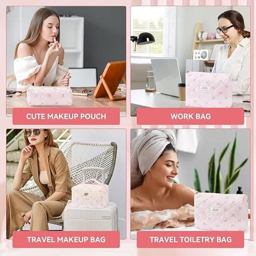 MZLUWM 3Pcs Makeup Bag Cute Cosmetic Bags for Women, Large Capacity Travel Quilted Makeup Bag Set,Cotton Floral Makeup Pouch, Coquette Puffy Toiletry Bag,Attractive Quilted Pouch (Pink bow) thumbnail 6