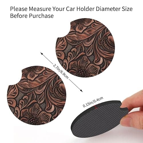 Rustic Western Country Cowboy Tooled Leather Pattern 2-Pack Car Cup Coasters, Universal Neoprene Rubber Drink Holder Inserts for Truck, SUV, Van thumbnail 3