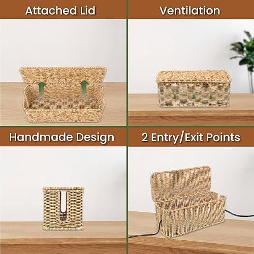 Cable Management Box, Handmade Rattan Cable Organizer, 2 Open Slots Cords Hider Box, Under Desk Cord Organizer for Computer Router USB Hub & Power Strip, Patent Pending, 13" x 5.1" x 5.1", Natural thumbnail 5