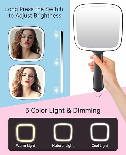 Famihomii Hand Mirror with 3 Light Color & Dimmable, Lighted Handheld Mirror, Lightweight & Durable, Portable & Hangable for Makeup Application, Hair Styling, Shaving, Battery Operated thumbnail 3