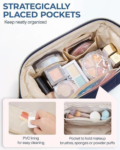 BAGSMART Makeup Bag Travel Toiletry Bag, Puffy Padded Make Up Bags for Women Makeup Organizer Case, Wide-open Pouch Purse Travel Essentials Toiletries Accessories Brushes, Navy Blue thumbnail 3