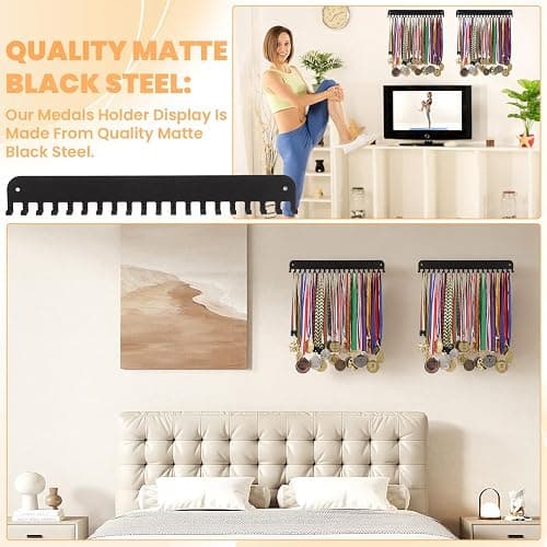Kegeeei 4 Pack Metal Medal Holder Display Hanger Rack, Wall Mounted with 20 Hooks for 60+ Medals, Sturdy Race Medal Holder for Running Gymnastic Soccer Sports Awards thumbnail 6