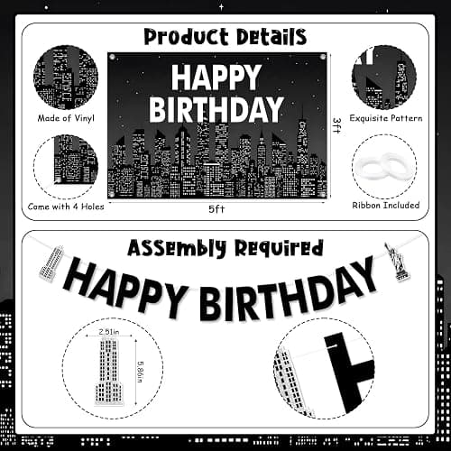 Cheerupp Black New York City Skyline Theme Birthday Decorations Set | Black NYC Skyline City Themed, NYC Skyscraper Design, Backdrop, Banner, Cake Cupcake Toppers, Balloons, for Bday Party thumbnail 5
