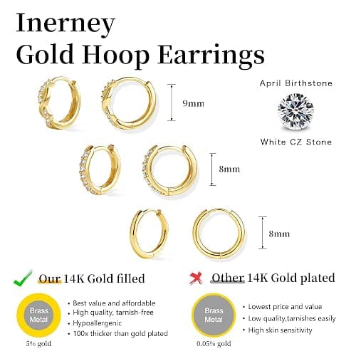 Inerney Gold Huggie Hoop Earrings Set for Women, Dainty Small Sterling Silver Earring Stacks Hypoallergenic Jewelry for Multiple Piercings, Trendy Twisted Cute Cartilage Hoops Birthstone Gift 3 Pairs thumbnail 5