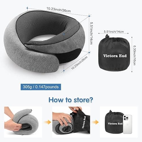 Ergonomic Travel Neck Pillow with Memory Foam Support – Comfortable Airplane Pillow for Adults, Portable Neck Cushion for Car, Office and Long Flights with Eye Mask, Earplug Holder and Carry Bag thumbnail 7