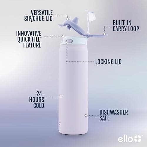 Ello Pop & Fill Stainless Steel Water Bottle with Quick Fill Technology, Double Walled Vacuum Insulated Metal, Leak Proof Locking Lid, Sip & Chug, BPA Free, Holiday Gift for Him Her, 22oz, 32oz, 40oz thumbnail 3