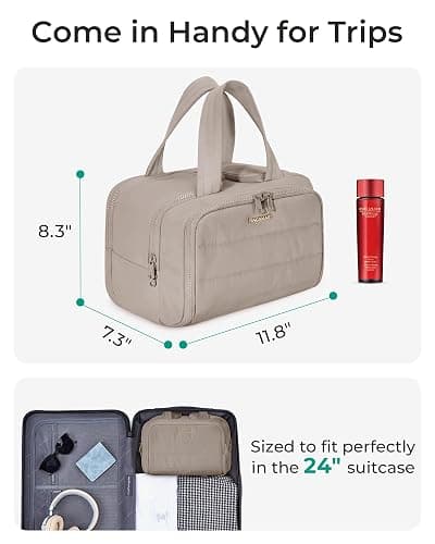 BAGSMART Travel Toiletry Bag, Crush Toiletry Bag for Women, Wide-open Puffy Toiletry Bags for Traveling, Large Travel Cosmetic Makeup Bag Organizer for Accessories,Toiletrie, Grayish Brown thumbnail 2