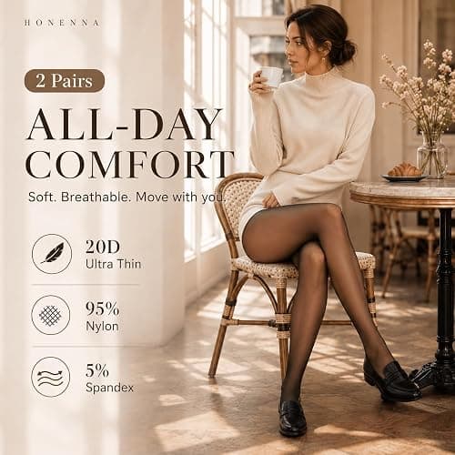 HONENNA Sheer Tights for Women 2 Pairs Ultra Thin Reinforced T Crotch Control Top Pantyhose Stockings thumbnail 4