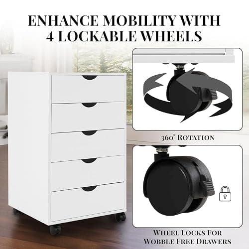 Naomi Home Taylor 5 Drawer Chest, Wood Storage Dresser Cabinet with Wheels, Craft Storage Organization, Makeup Drawer Unit for Closet, Office File Cabinet 180 lbs Total Capacity - White thumbnail 5