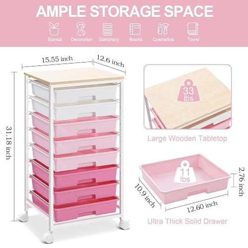 Rolling Cart with Drawers,Storage Cart with 8 Drawers and Wooden Tabletop,Utility Cart for Living Room,Classroom, Bedroom,Bathroom,Dorm,Office,Rose Pink thumbnail 6