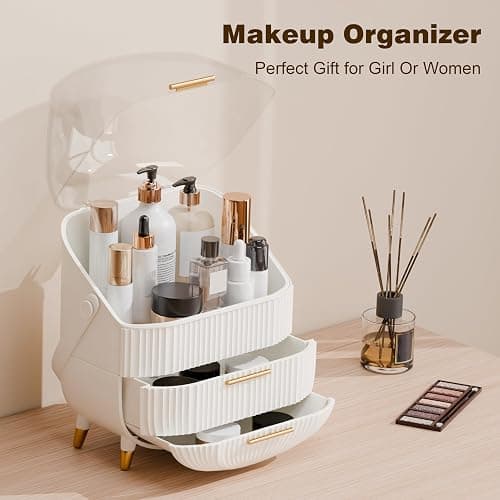 lurcns Makeup Organizers and Storage, Make up Organizer for Vanity Cosmetics Skincare Organizers With Lid and Drawers Display Cases for Countertop（White） thumbnail 5