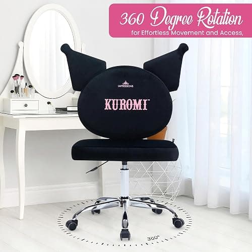 Impressions Vanity Kuromi Armless Swivel Cute Desk Chair for Bedroom, Velvet Makeup Vanity Chair with Back, Rolling Wheels Silver Metallic Base and Adjustable Height (Black) thumbnail 3