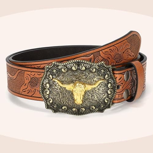 WOWOGO Women Men Western Belts Cowboy Cowgirl Country Belt Longhorn Bull Buckle Floral Embossed Belt for Jeans Dresses thumbnail 7