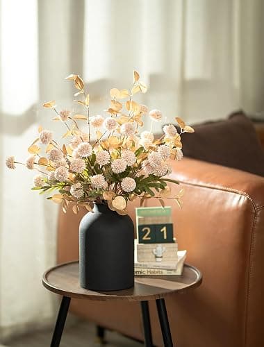 BLOSMON Dining Table Centerpiece Decor: Metal Vase with 12 Stems of Fake Mums Kiku Flower Eucalyptuses for Home - Beige Artificial Pom Poms Faux Floral Arrangements in Vase for Living Room thumbnail 2