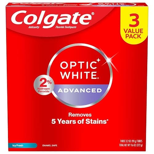 Colgate Optic White Advanced Hydrogen Peroxide Toothpaste Pack, Teeth Whitening Toothpaste, Enamel-Safe Hydrogen Peroxide Formula, Helps Remove Tea, Coffee, and Wine Stains, Icy Fresh, 3 Pack, 3.2 oz - Image 1