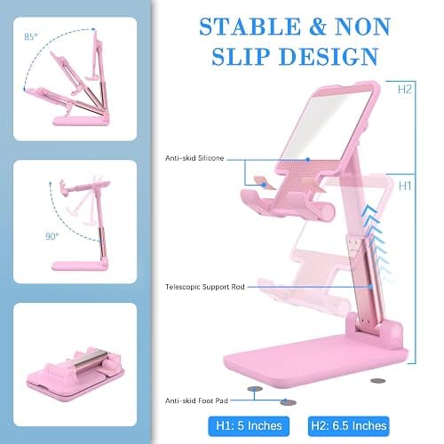 HZZADZXW Cell Phone Stand, Adjustable Angle and Height Cell Phone Holder for Desk, Foldable and Portable, Anti-Slip Silicone Pad, Compatible with All Mobile Phones and 4-8 Inch Devices, Pink thumbnail 7