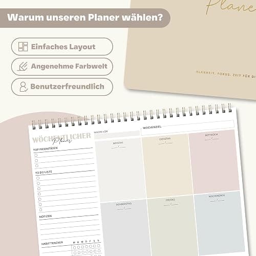 Wochenplaner Block A4 ohne festes Datum, 50 Seiten Weekly Planner, Schreibtischunterlage mit To Do Liste, Spiral-Wochenkalender Wochen Planer mit Wochenübersicht&Habit-Tracker für Termine, Aufgaben thumbnail 6
