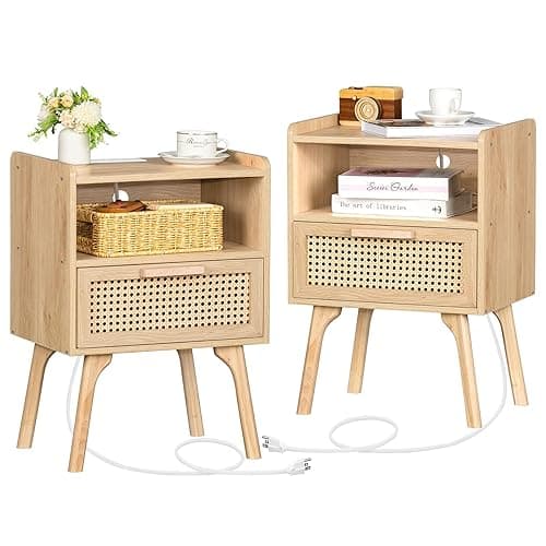 Lerliuo Rattan Nightstands Set of 2 with Charging Station, Boho Side Table with Drawer Open Shelf, Cane Accent Bedside End Table with Solid Wood Legs for Bedroom, Dorm and Small Spaces (Natural) - Natural - 2 pack