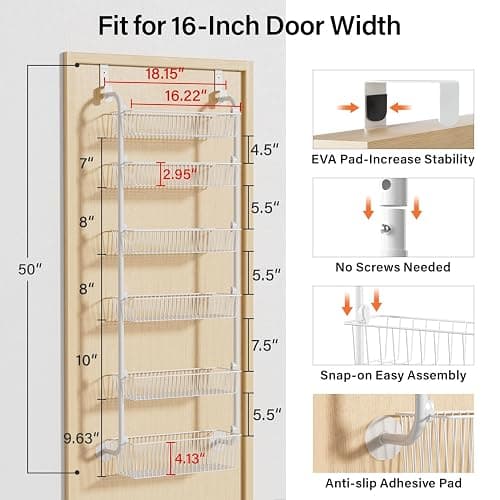 Delamu Large Over the Door Pantry Organizer, 6-Tier Metal Pantry Door Organization and Storage for Easy Install, Hanging Spice Rack Seasoning Shelves for Cabinet & Kitchen, D6.7xW17.5xH53.7 in, White thumbnail 3