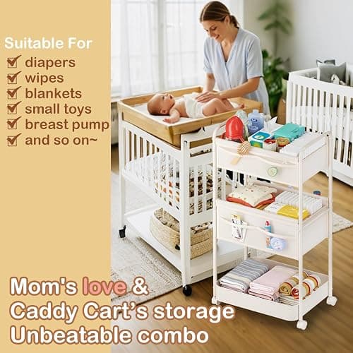 Baby Diaper Caddy, Premium Metal& Felt Movable Cart with Dividers for Newborn Nursery Essentials, Large Capacity Detachable Bedside Cart Organizer for Changing Table &Crib, Easy Assembly- Beige thumbnail 3