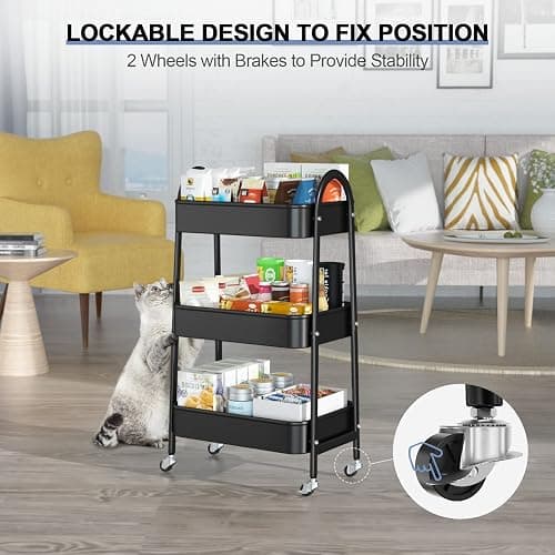 EAGMAK 3 Tier Utility Rolling Cart, Metal Storage Cart with Handle and Lockable Wheels, Multifunctional Storage Organizer Trolley with Mesh Baskets for Kitchen, Living Room, Office, Garage (Black) thumbnail 5
