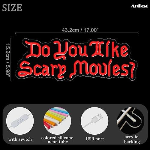 Artlast Do You Like Scary Movies Neon Sign LED Neon Light for Movie Night Party Decor Horror Movies Room Gothic Font Halloween Decoration 17"x5.98" Red Acrylic thumbnail 3